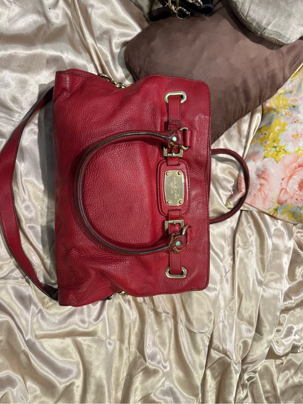 Michael Kors Hamilton Red Pebbled Leather Tote Satchel with Gold Plate